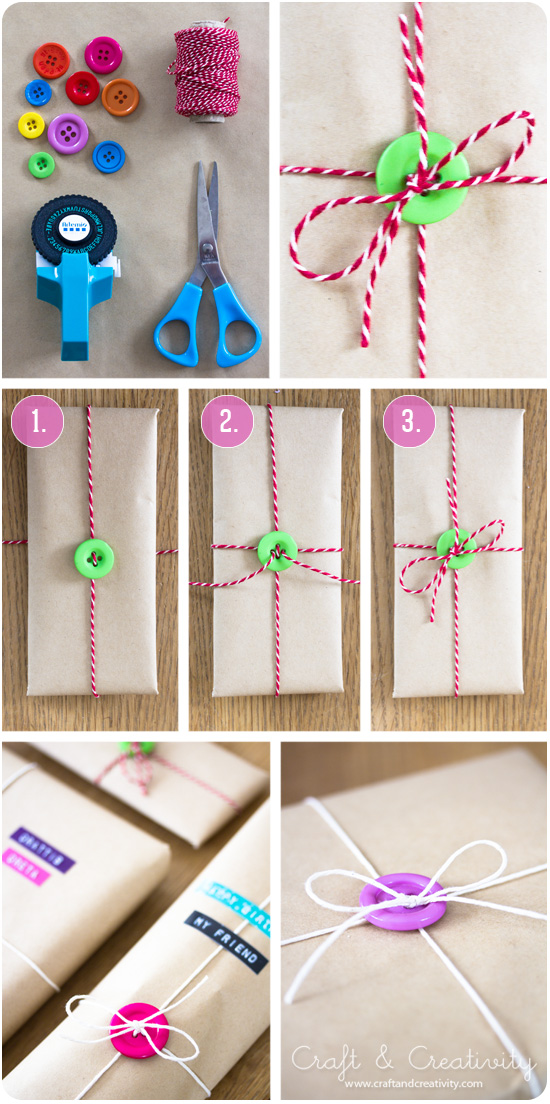 Gift wrapping with buttons - by Craft & Creativity